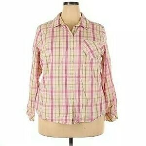 Croft & Barrow Shirt Women Plus Size 2X Pink White Green Plaid Top Button Cotton
